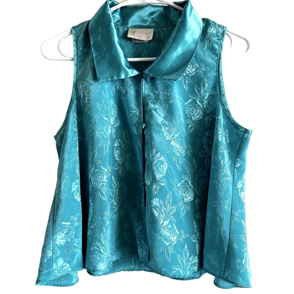 Vintage California Dynasty Sleeveless Button Front Blouse Floral Collared Blue M